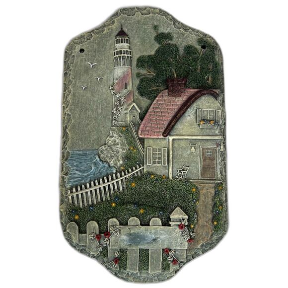 Lighthouse & Cottage Coastal Scene Wall Plaque *Personalize* Wall Hanging Heavy - Picture 1 of 9